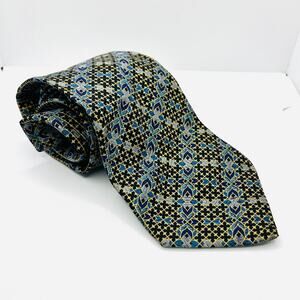 NWT Brioni Silk Black Blue Gold Geometric Floral Wide Necktie